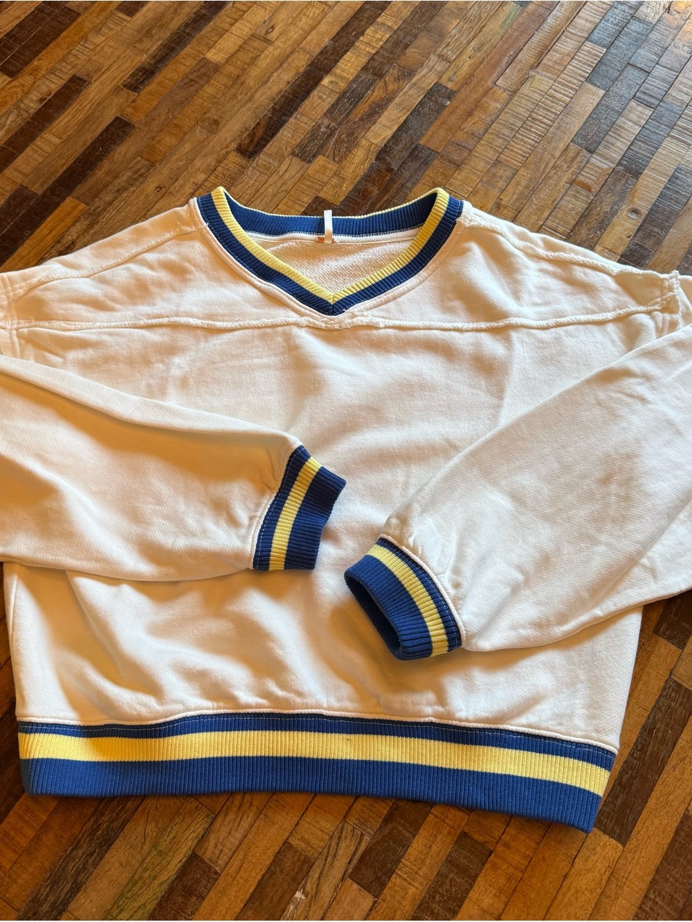 Free People White V-Neck Sweater with Blue & Yellow Trim